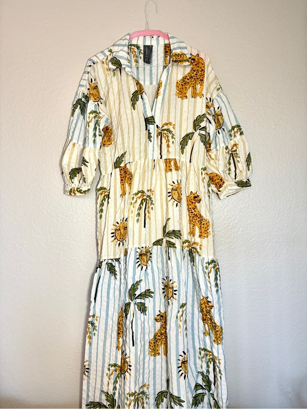 Anthropologie Cream and Blue Striped Maxi Dress with Leopard Print Cotton Blend - Picture 2 of 11